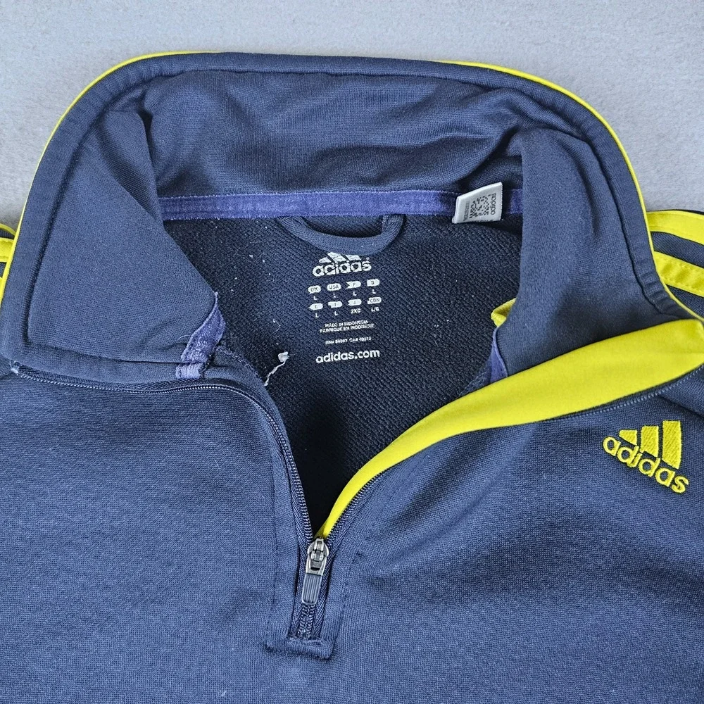 Adidas 1/4 Zip Sweatshirt Mens Large Navy Blue Yellow Pullover Mock Neck Fleece